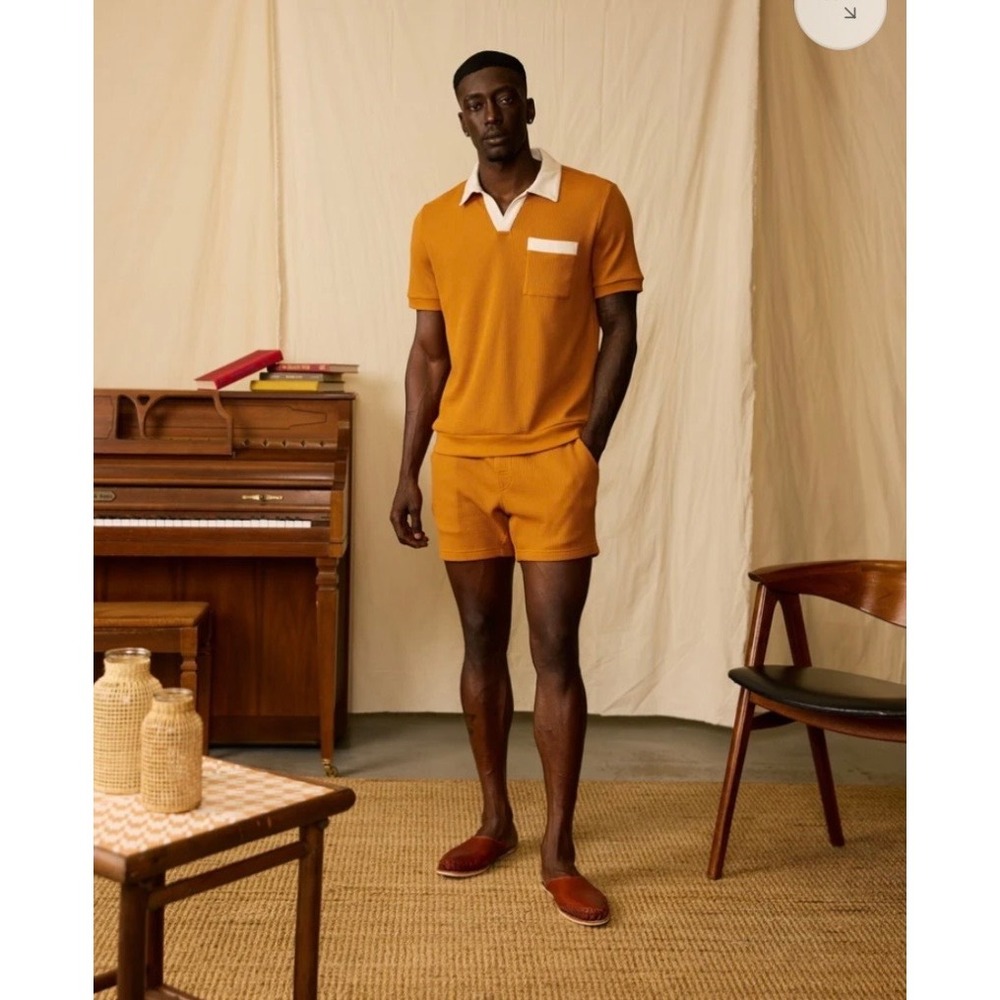 Dandy Del Mar The Cannes Waffle Knit Polo Shirt Burnt Sienna Orange Mens Size M